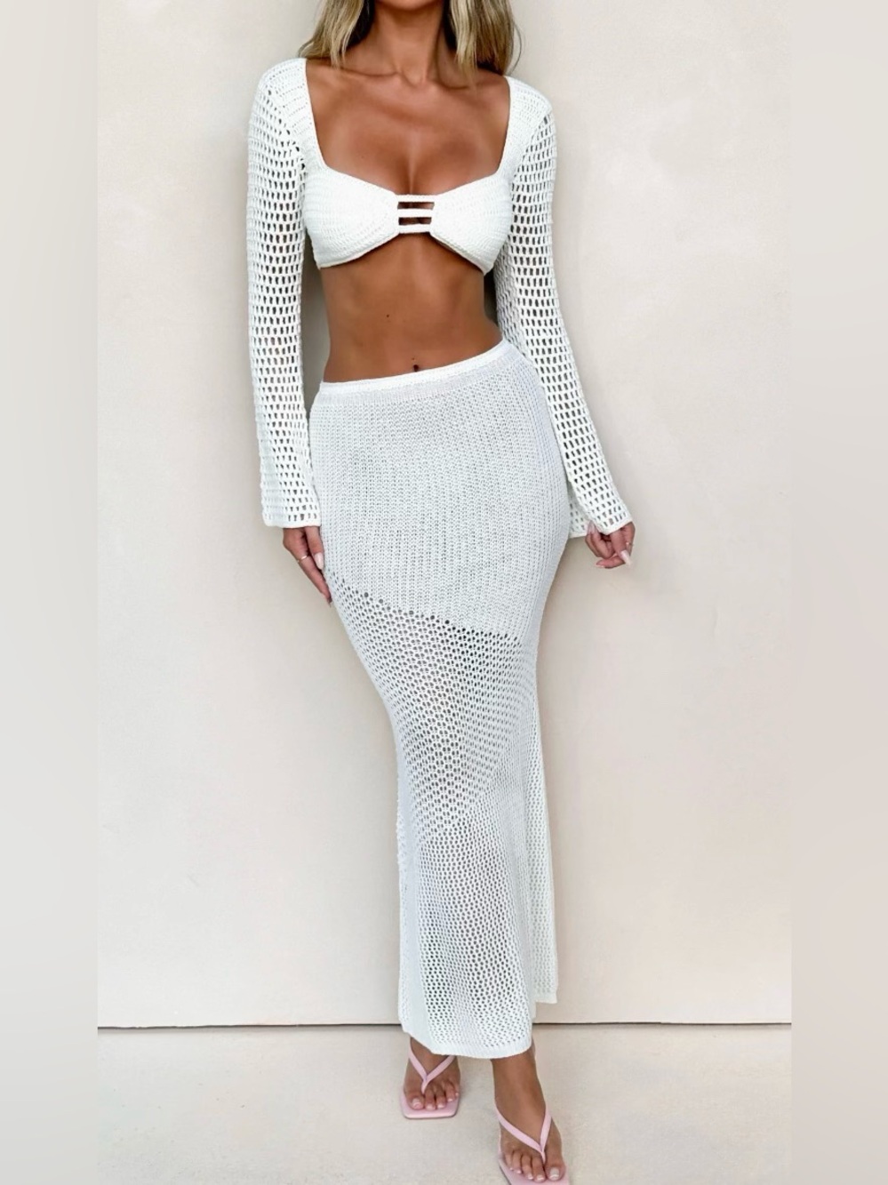 Tiger Mist Macauley White Crochet Top & Maxi Skirt Set